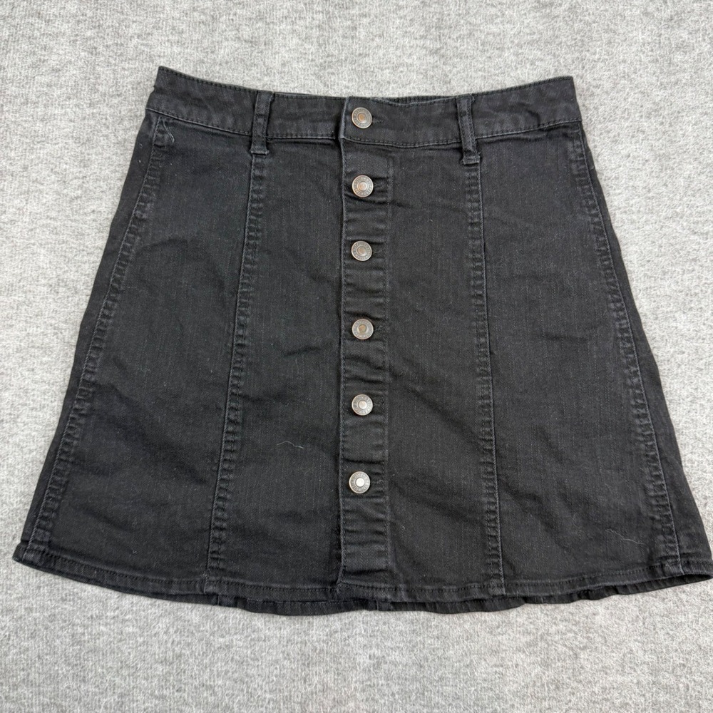 Mossimo Denim Mini Skirt Womens 4 Black Button Front A-Line Stretch Jean Skirt
